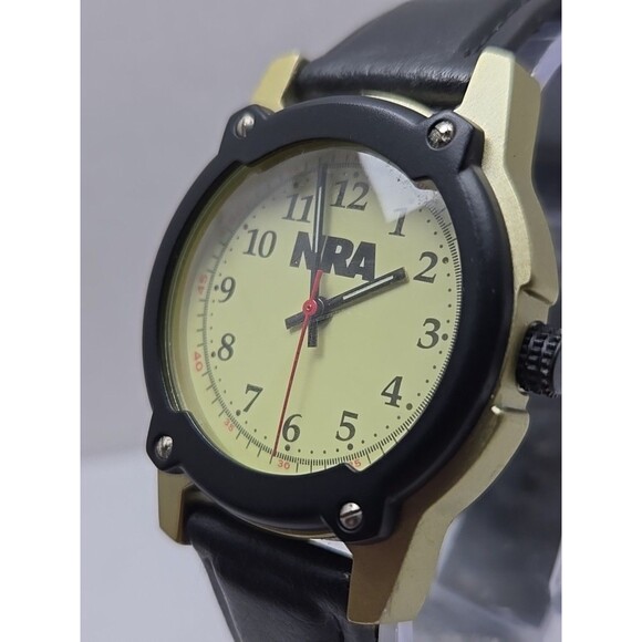 NRA Europa Quartz Watch Black Bezel Gold Tone Case Leather Band Mens New Battery - Picture 4 of 14